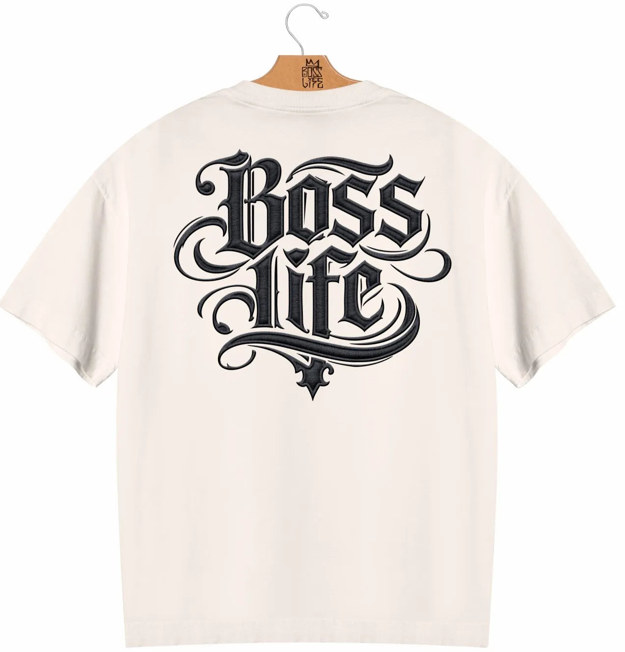 Camiseta Oversized  Boss Life Signature Bold 3 Frente e Costas