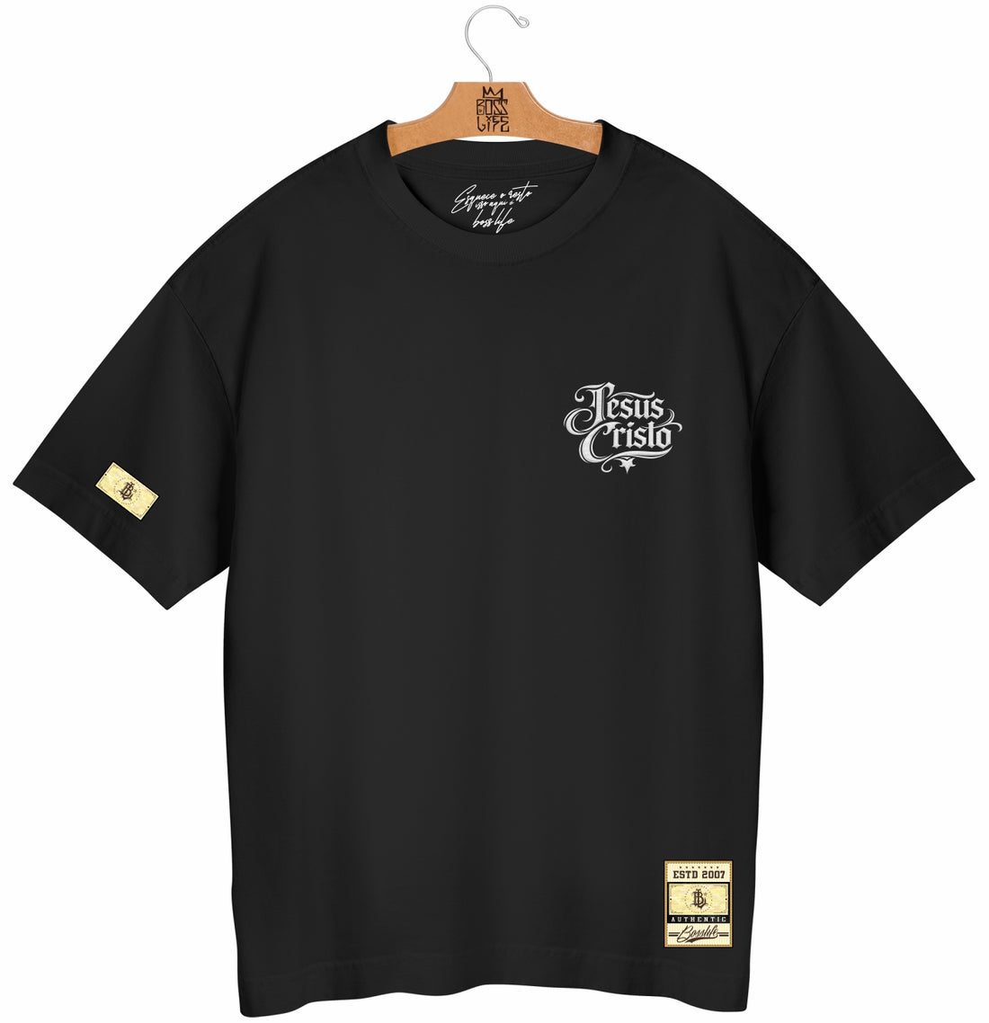 Camiseta Oversized Jesus Cristo Caligrafia Boss Life Faith - Preto Costas