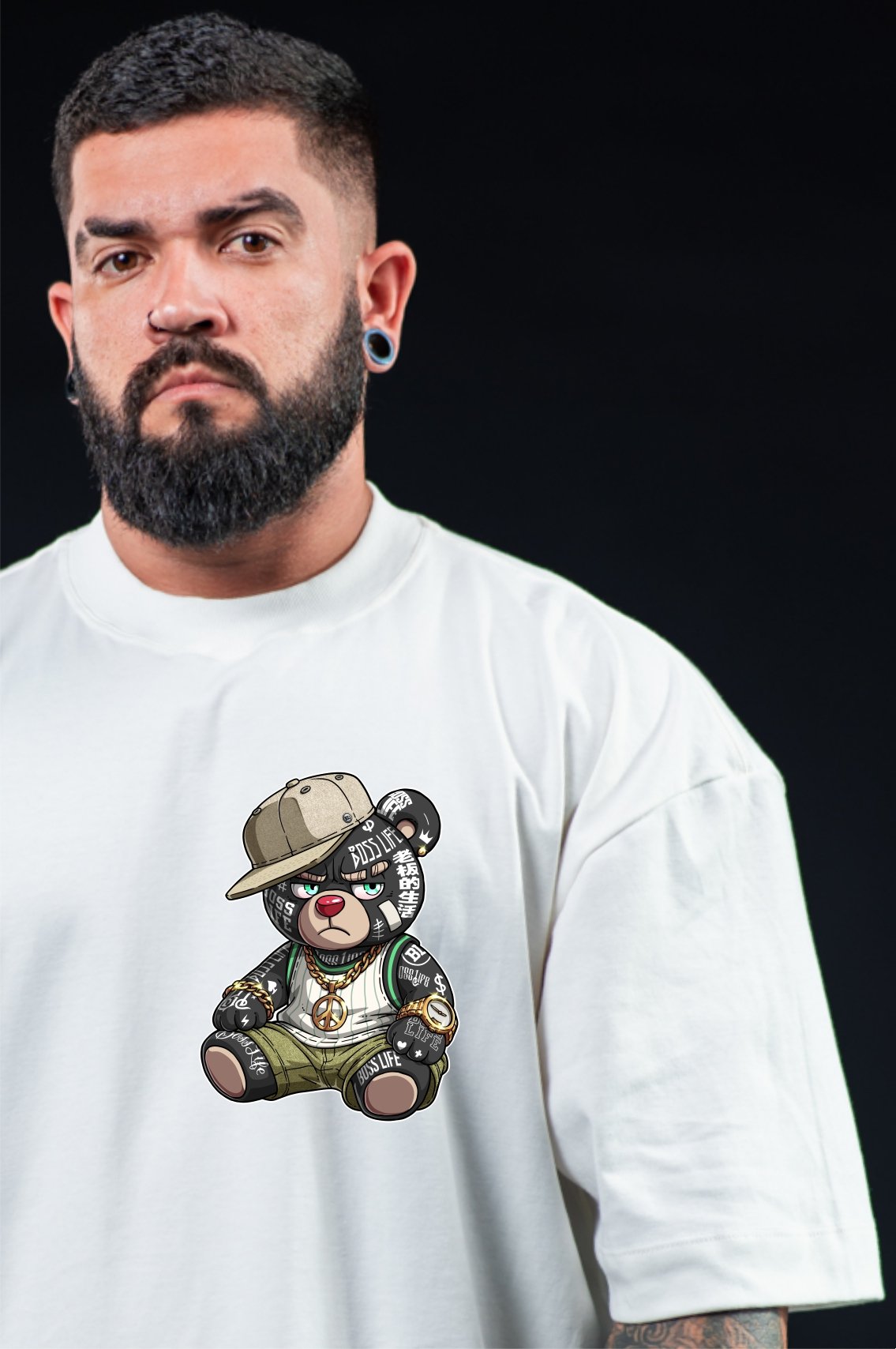Camiseta Oversized Boss Life Rap Bear Frente e Costas