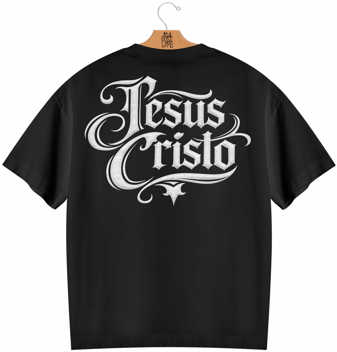 Camiseta Oversized Jesus Cristo Caligrafia Boss Life Faith - Preto Costas