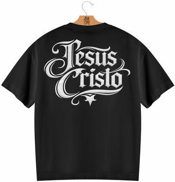 Camiseta Oversized Jesus Cristo Caligrafia Boss Life Faith - Preto Costas
