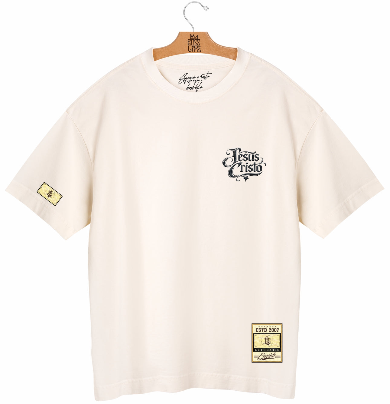 Camiseta Oversized Jesus Cristo Caligrafia Boss Life Faith - Off White Frente