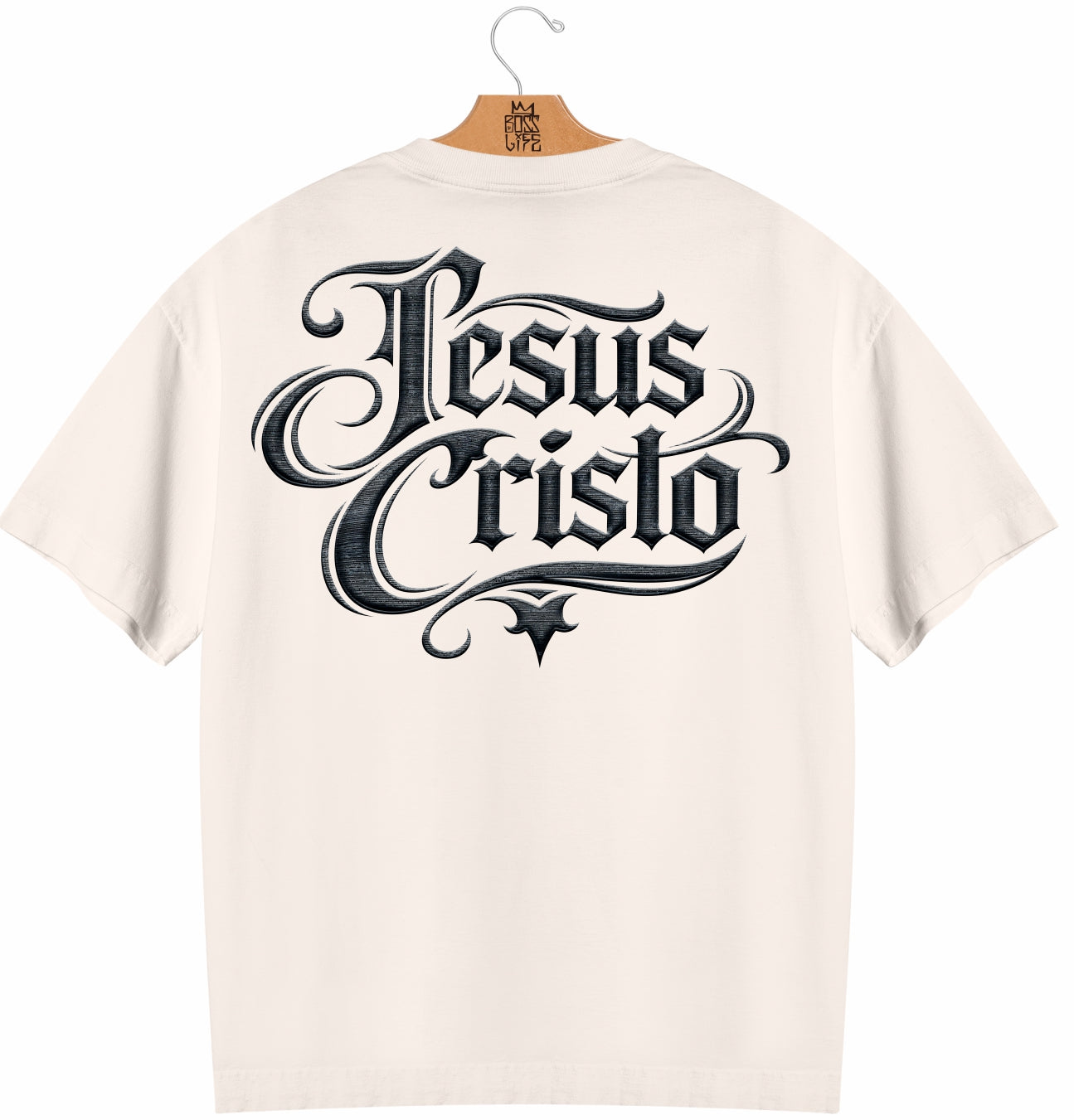 Camiseta Oversized Jesus Cristo Caligrafia Boss Life Faith - Off White Costas