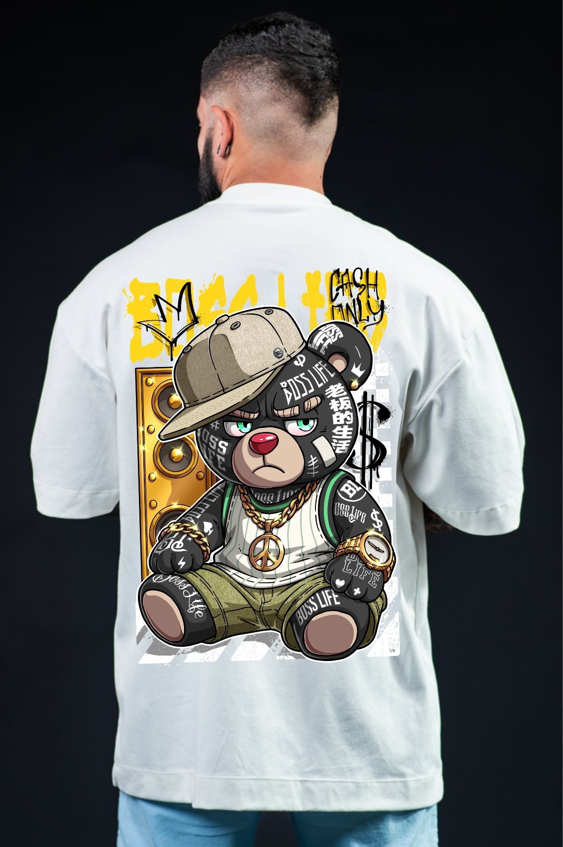 Camiseta Oversized Boss Life Rap Bear Frente e Costas