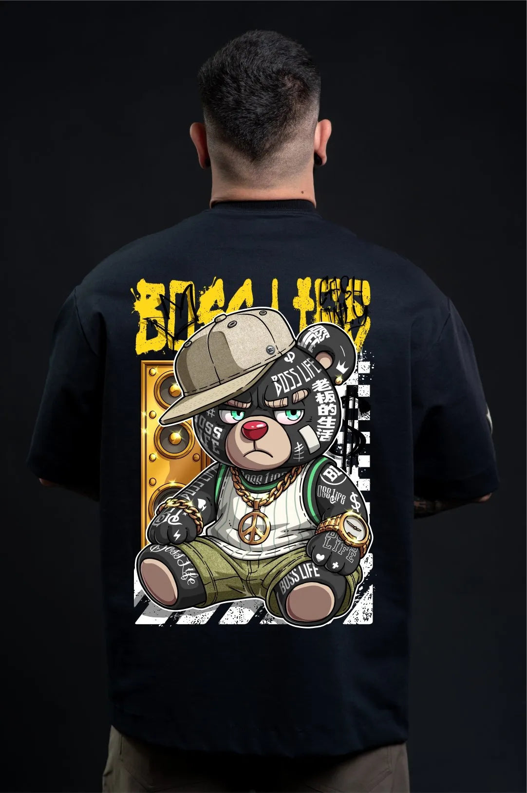 Camiseta Oversized Boss Life Rap Bear Frente e Costas