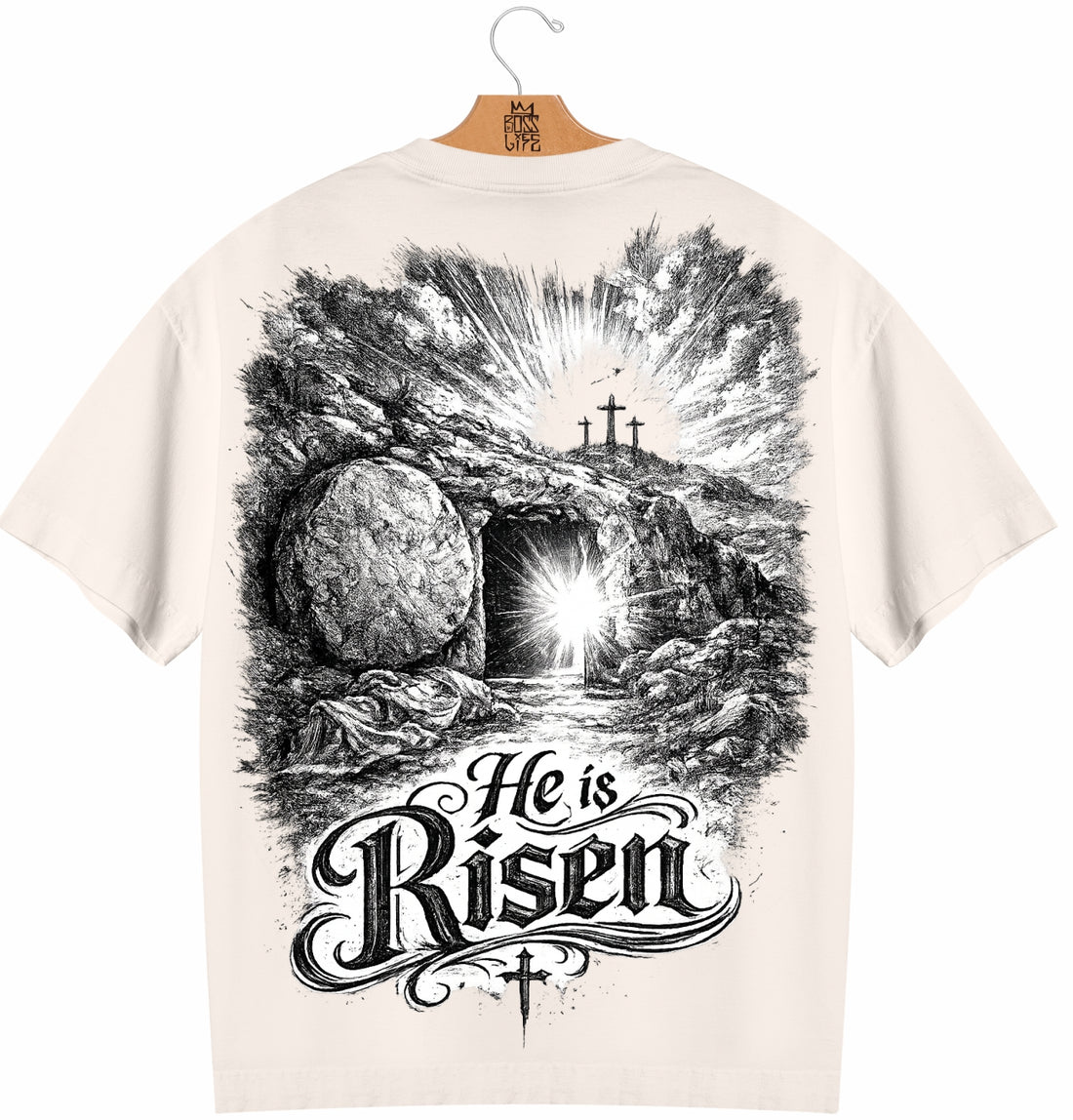 Camiseta Oversized He Is Risen Tumba Vazia Boss Life Faith - Off White Costas