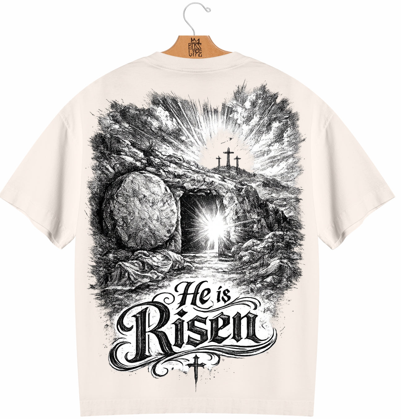 Camiseta Oversized He Is Risen Tumba Vazia Boss Life Faith - Off White Costas