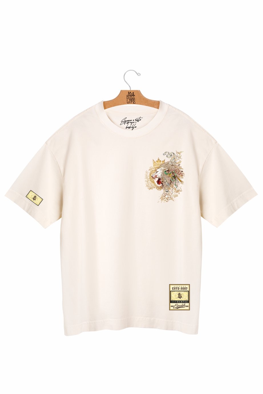 Camiseta Oversized Boss Life Golden Roar Frente  e Costas