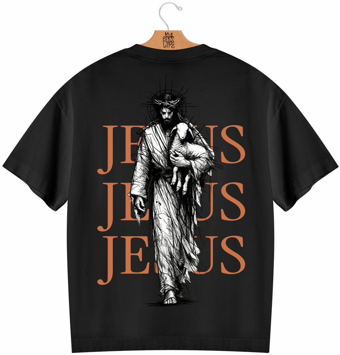 Camiseta Oversized Jesus Jesus Jesus Boss Life Faith - Preto Costas Pastor e Cordeiro