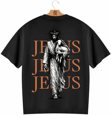Camiseta Oversized Jesus Jesus Jesus Boss Life Faith - Preto Costas Pastor e Cordeiro