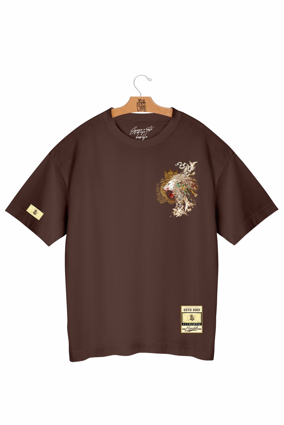 Camiseta Oversized Boss Life Golden Roar Frente  e Costas
