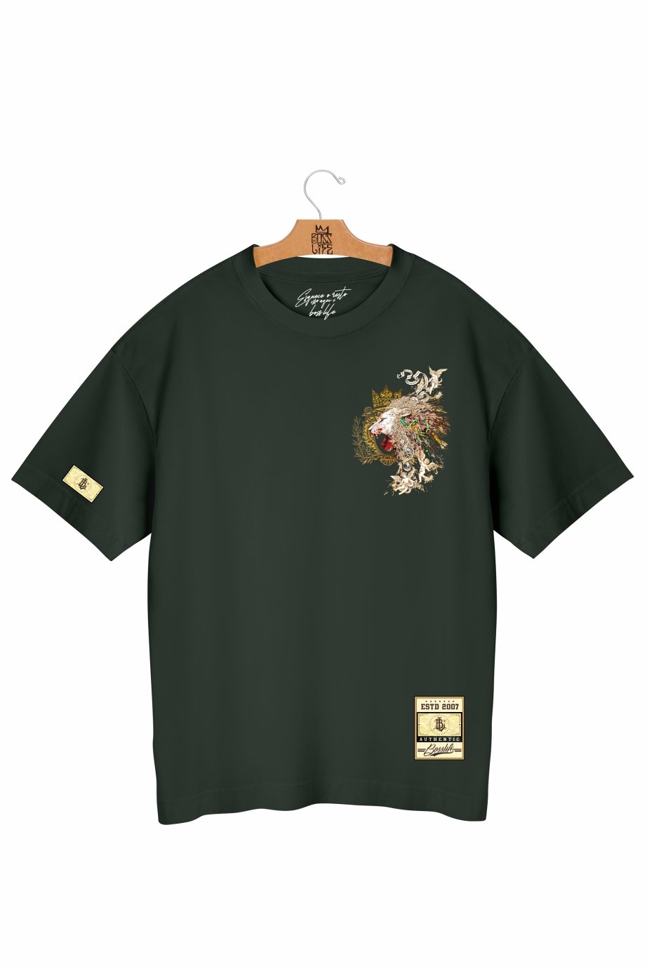 Camiseta Oversized Boss Life Golden Roar Frente  e Costas