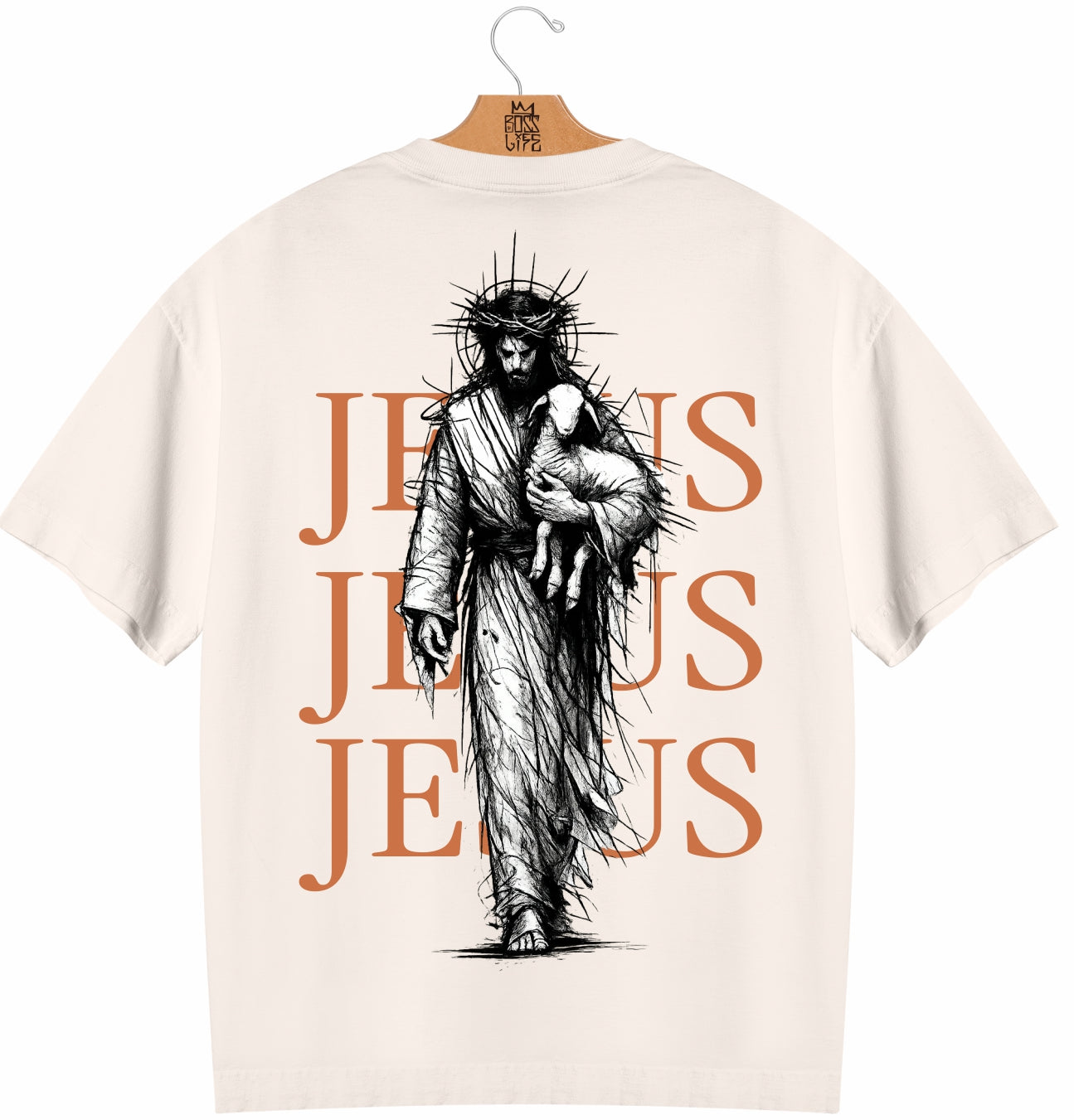 Camiseta Oversized Jesus Jesus Jesus Boss Life Faith - Off White Costas Pastor e Cordeiro
