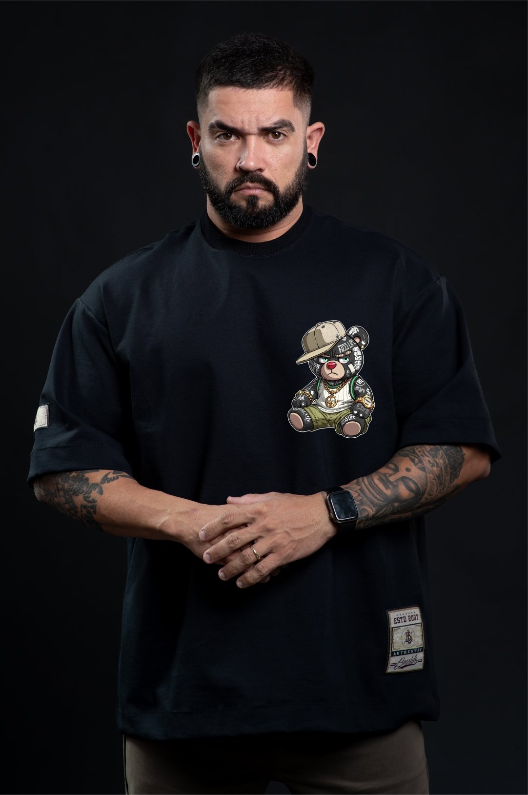 Camiseta Oversized Boss Life Rap Bear Frente e Costas