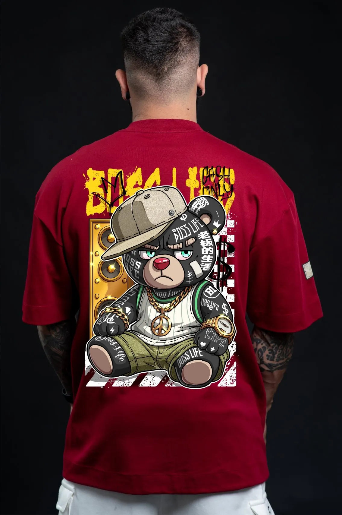 Camiseta Oversized Boss Life Rap Bear Frente e Costas
