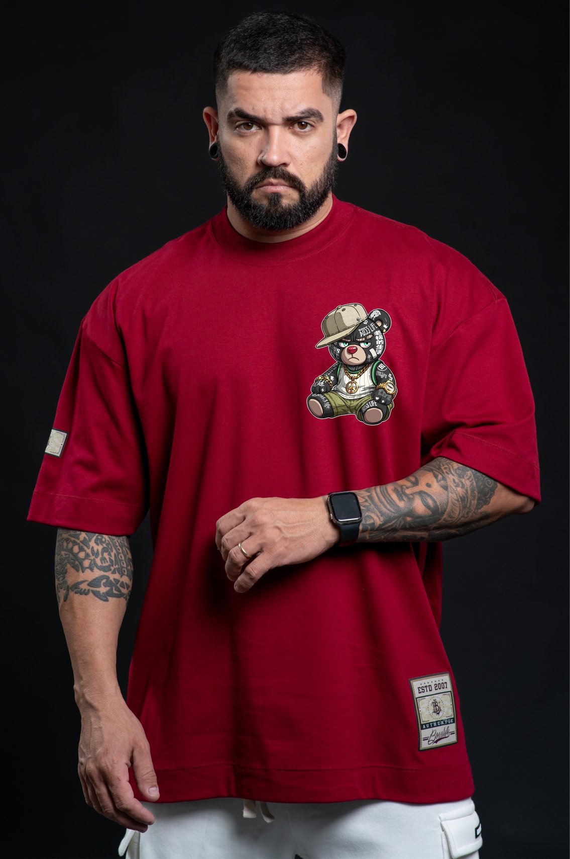 Camiseta Oversized Boss Life Rap Bear Frente e Costas