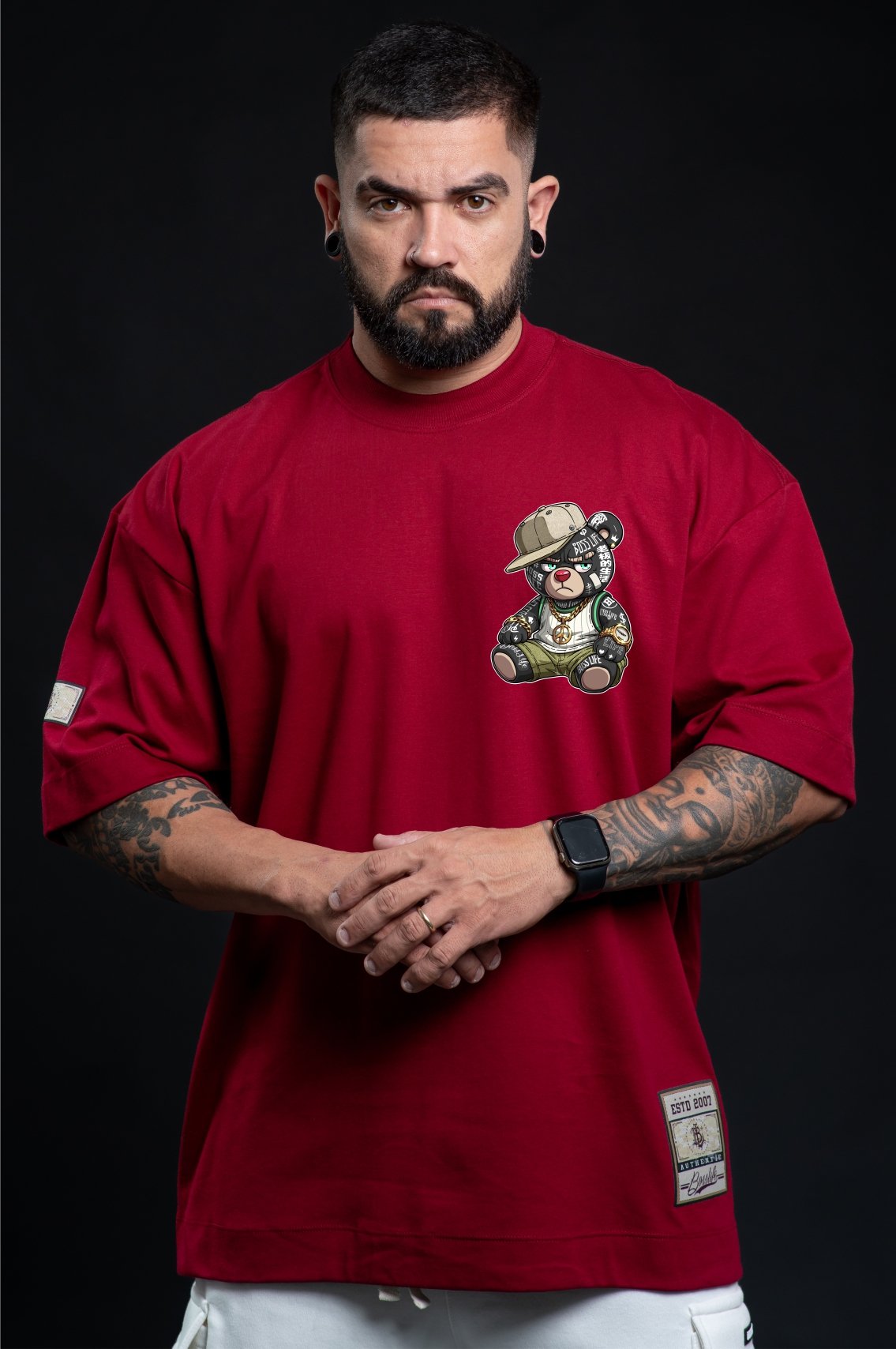 Camiseta Oversized Boss Life Rap Bear Frente e Costas