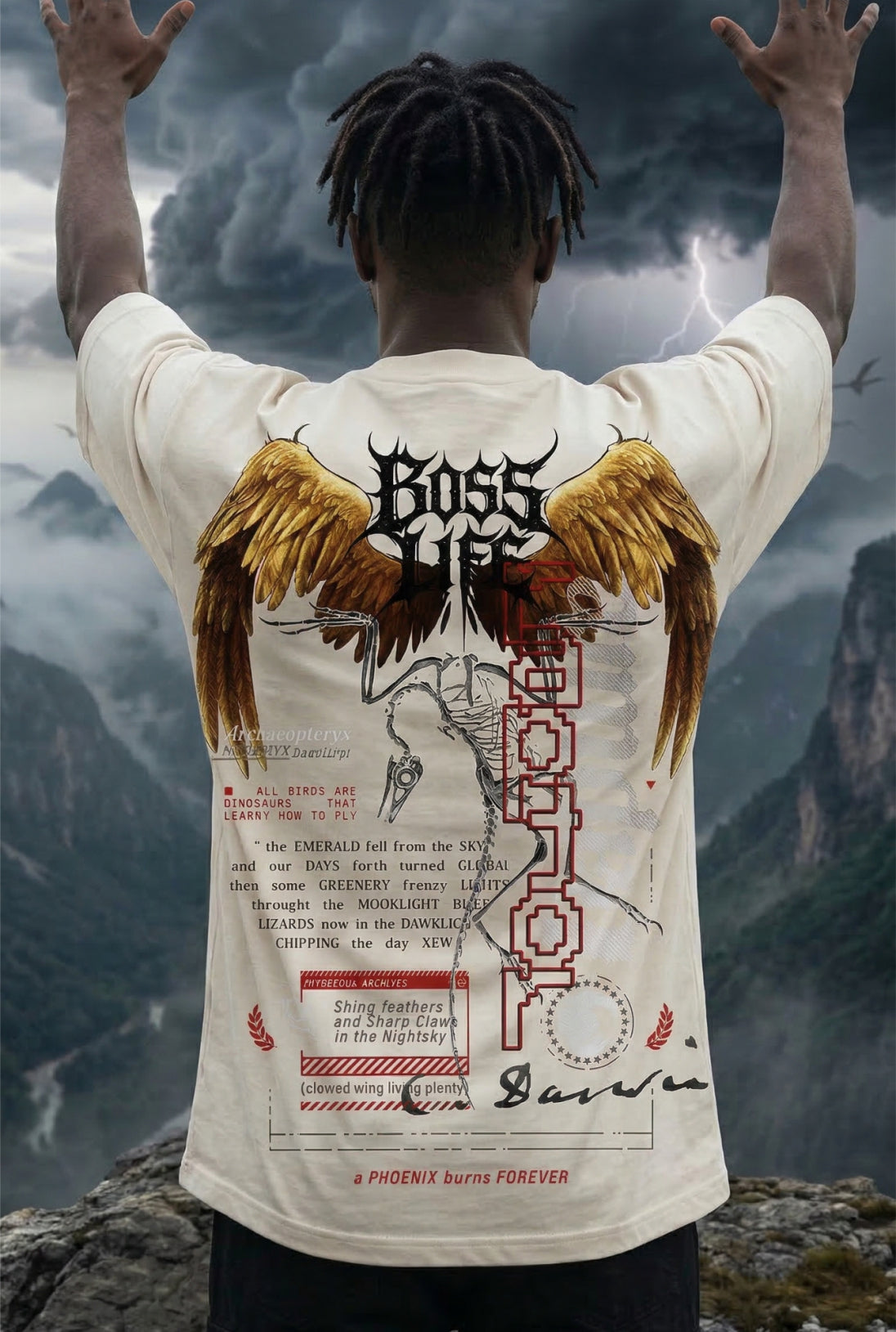 Camiseta Oversized Archaeopteryx Boss Life (Frente e Costas)