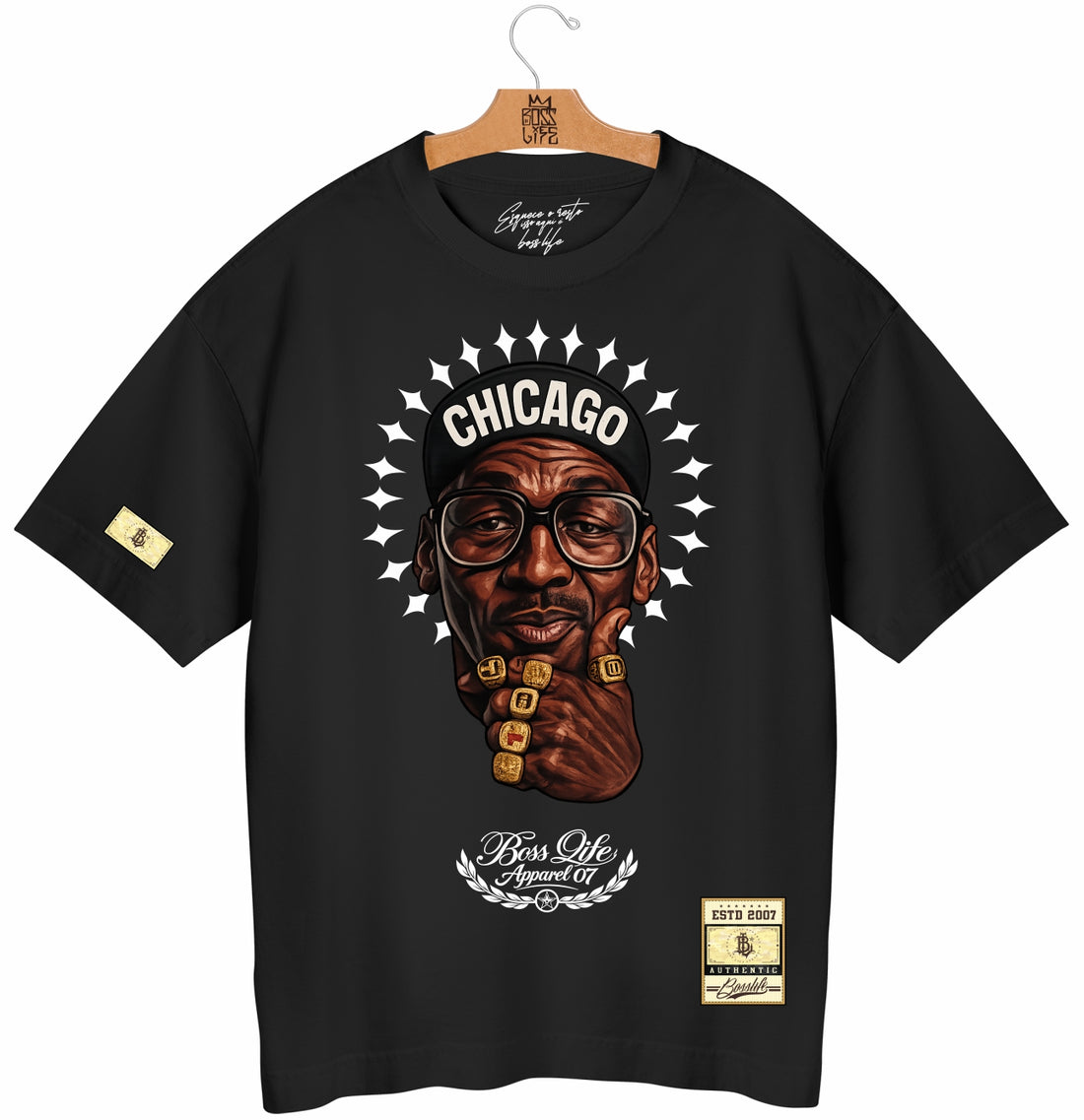 Camiseta Oversized Chicago Boss Life Basket - Preto Frente
