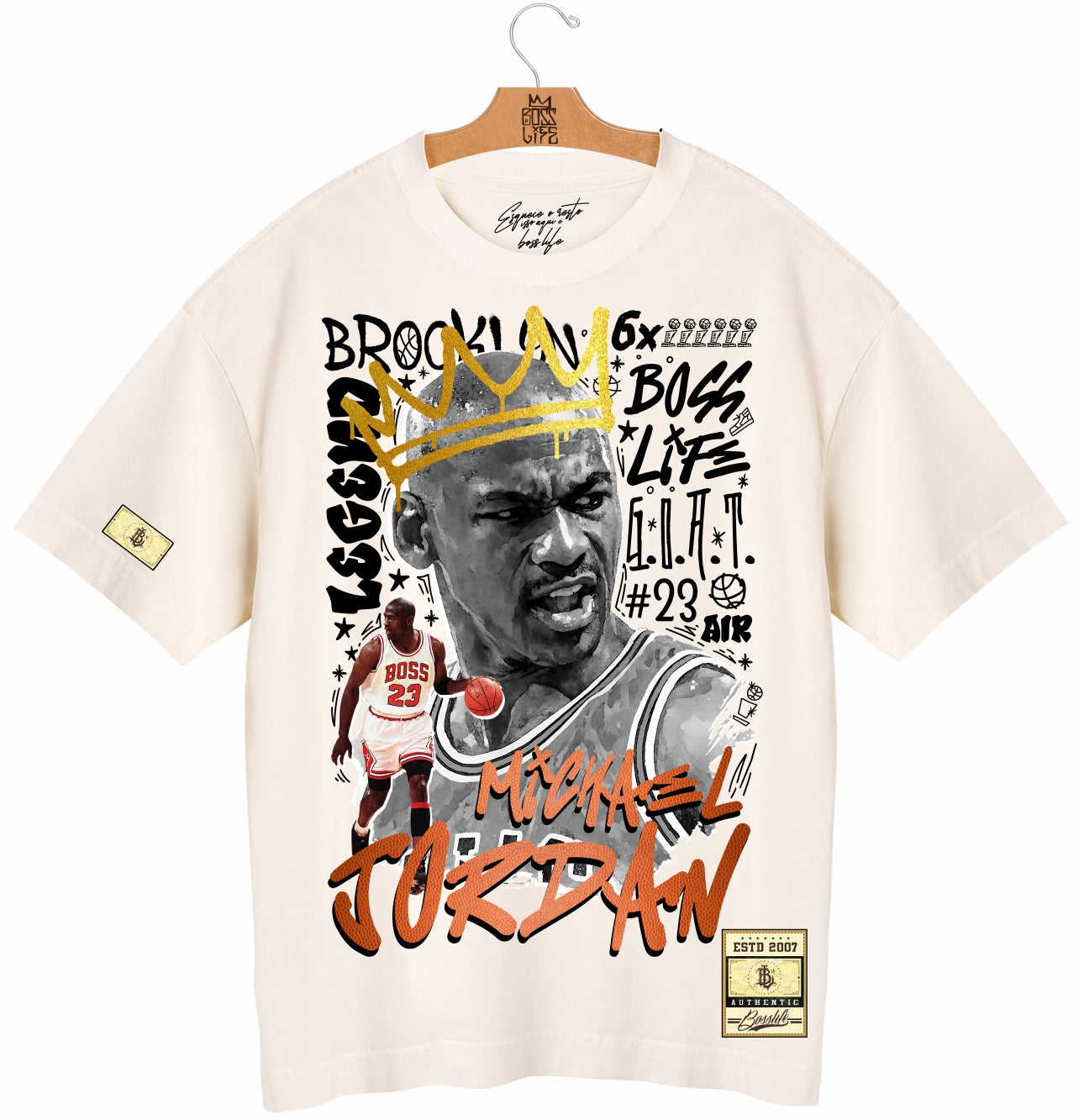 Camiseta Oversized Michael Jordan GOAT Boss Life Basket - Off White Frente