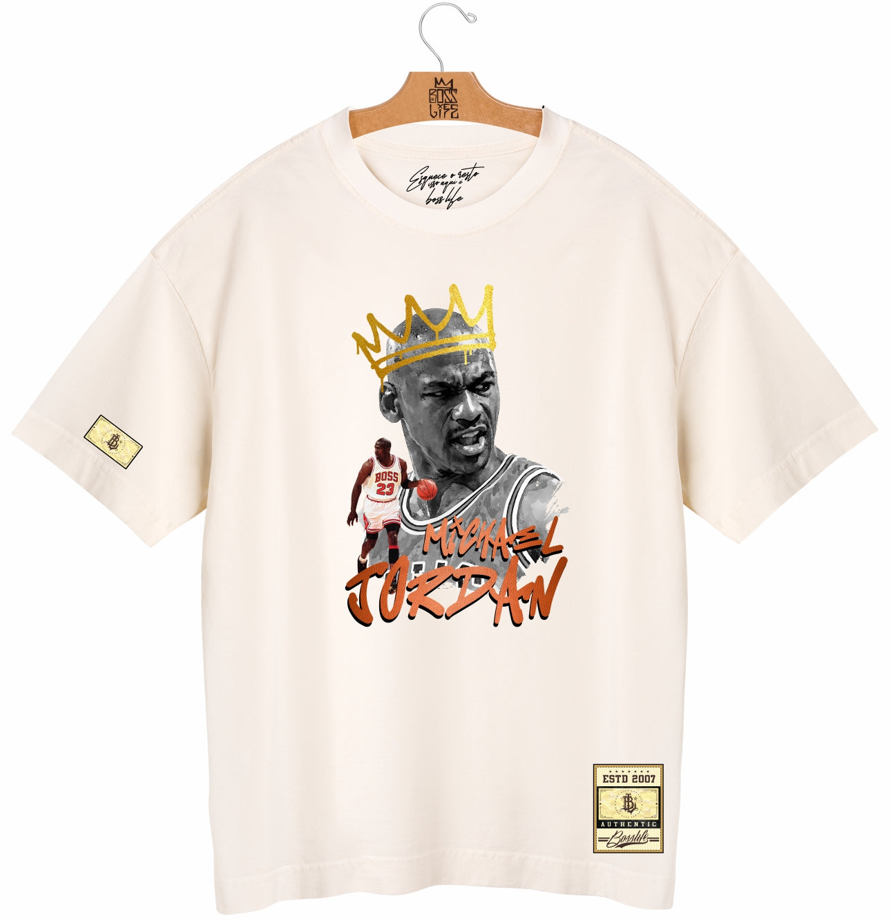 Camiseta Oversized Michael Jordan Coroa Boss Life Basket - Off White Frente