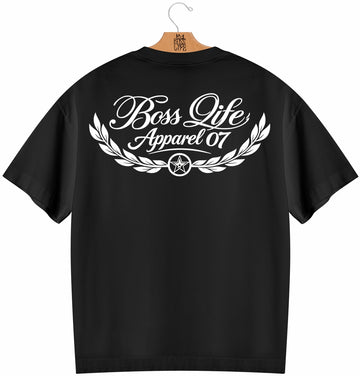 Camiseta Oversized Boss Life Apparel 07 Laurel Frente e Costas - Preto Costas