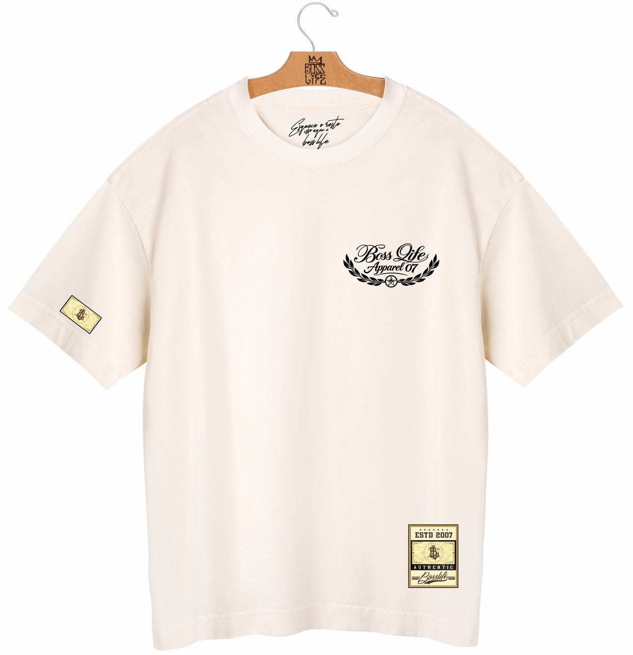 Camiseta Oversized Boss Life Apparel 07 Laurel Frente e Costas - Off White Frente
