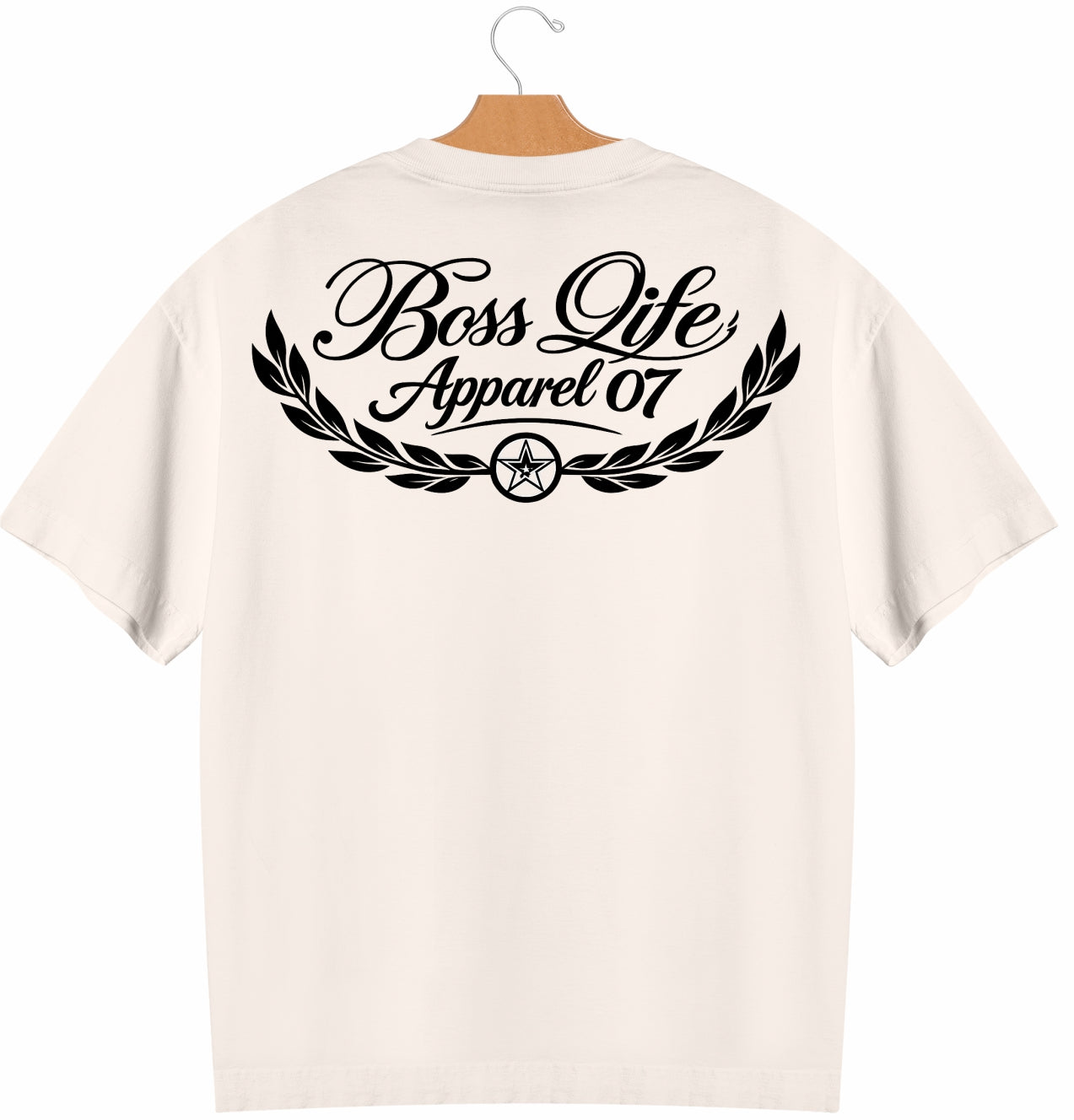 Camiseta Oversized Boss Life Apparel 07 Laurel Frente e Costas - Off White Costas