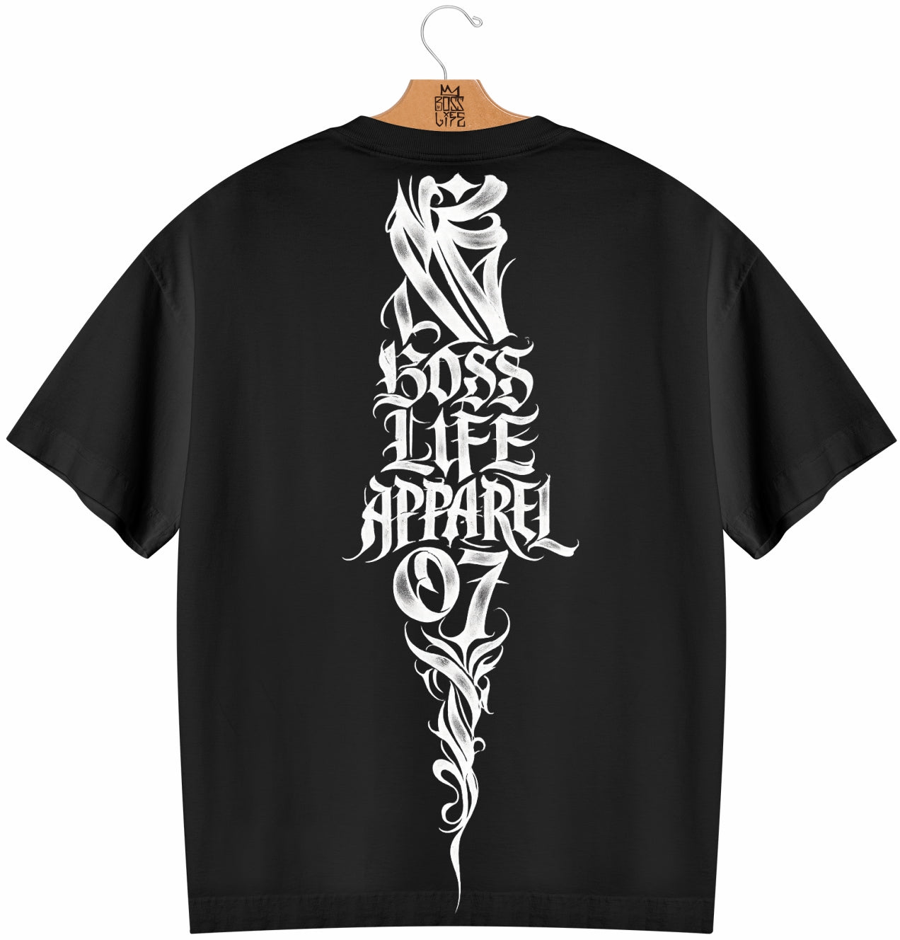 Camiseta Oversized Boss Life Gothic Flame - Preto Costas