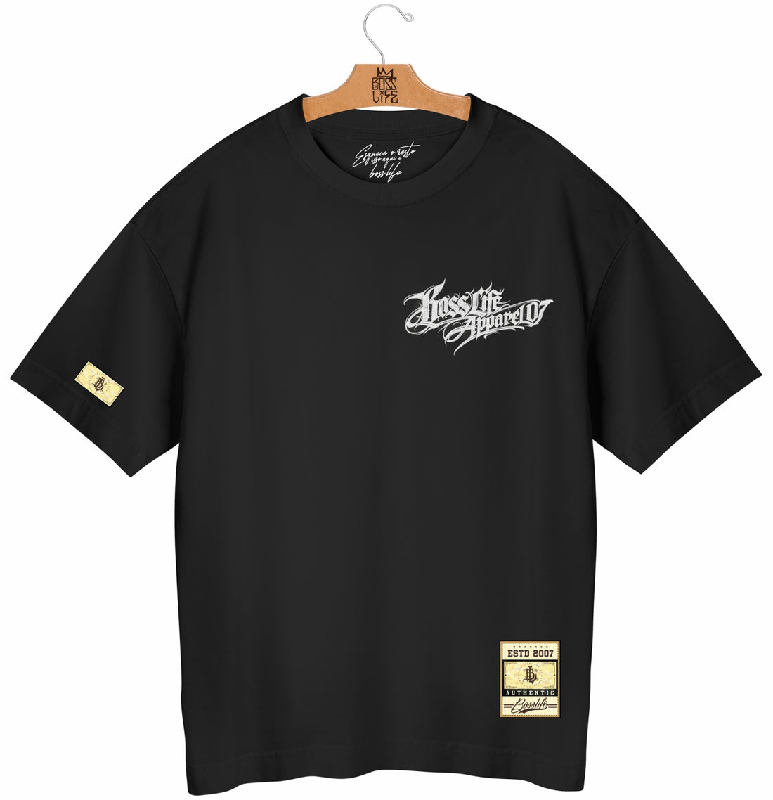 Camiseta Oversized Boss Life Apparel 07 Script Frente e Costas - Preto Frente