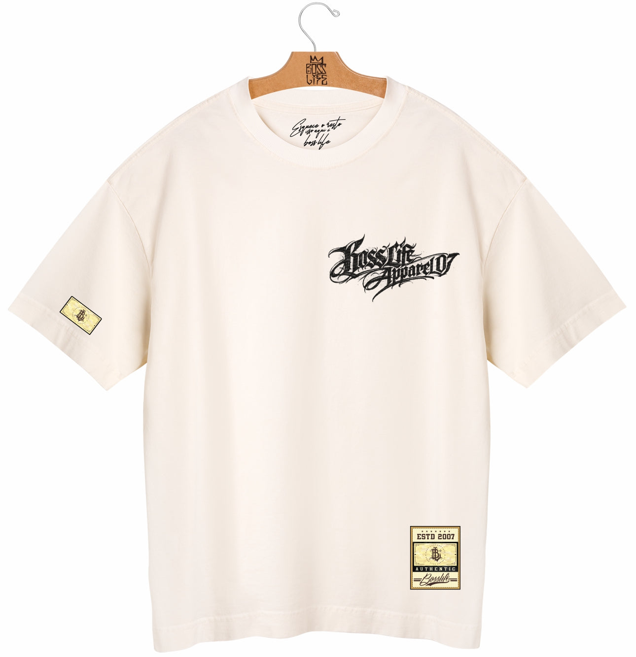 Camiseta Oversized Boss Life Apparel 07 Script Frente e Costas - Off White Frente