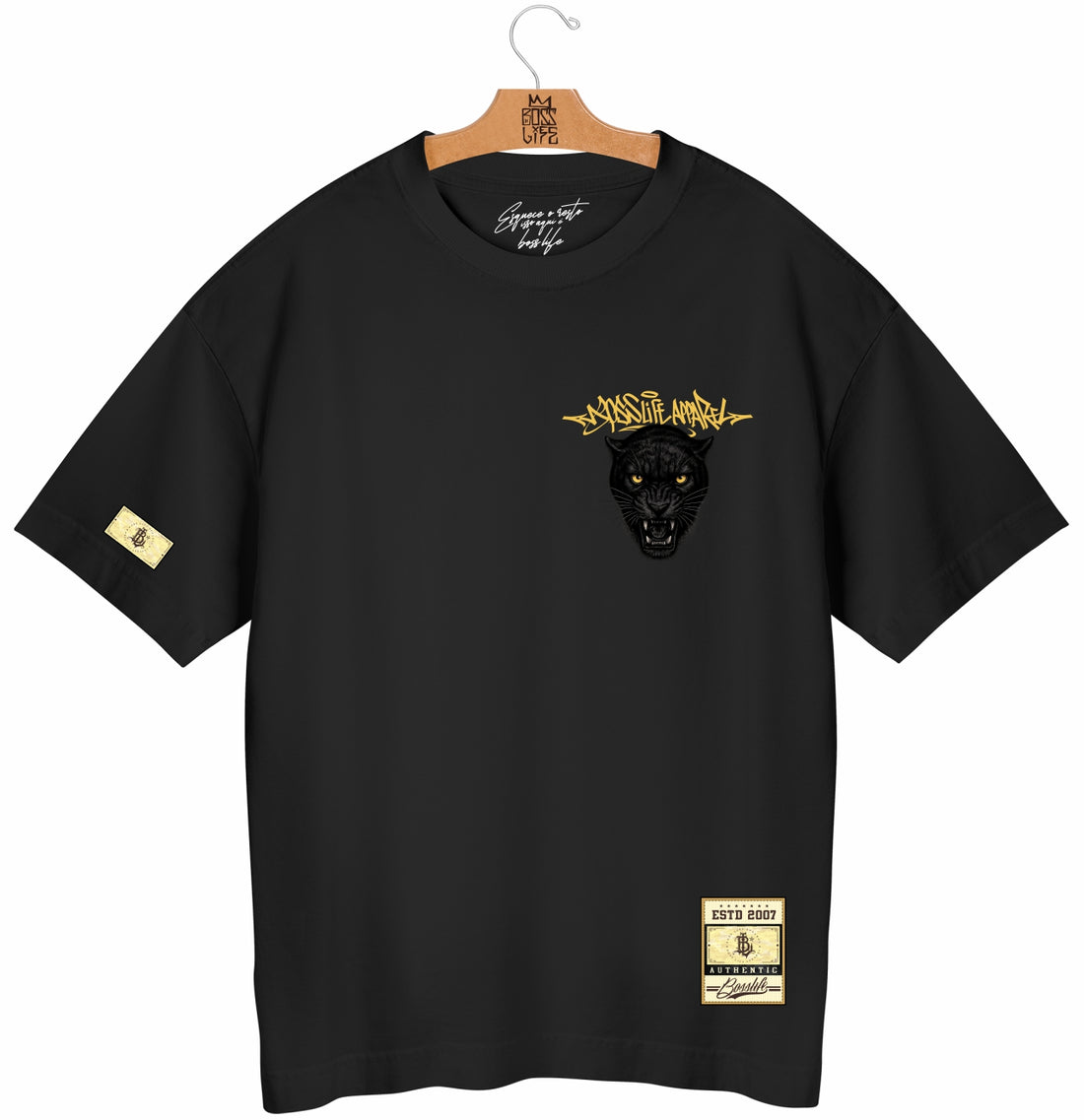 Camiseta Oversized Boss Life Black Panther Frente e Costas - Preto Frente