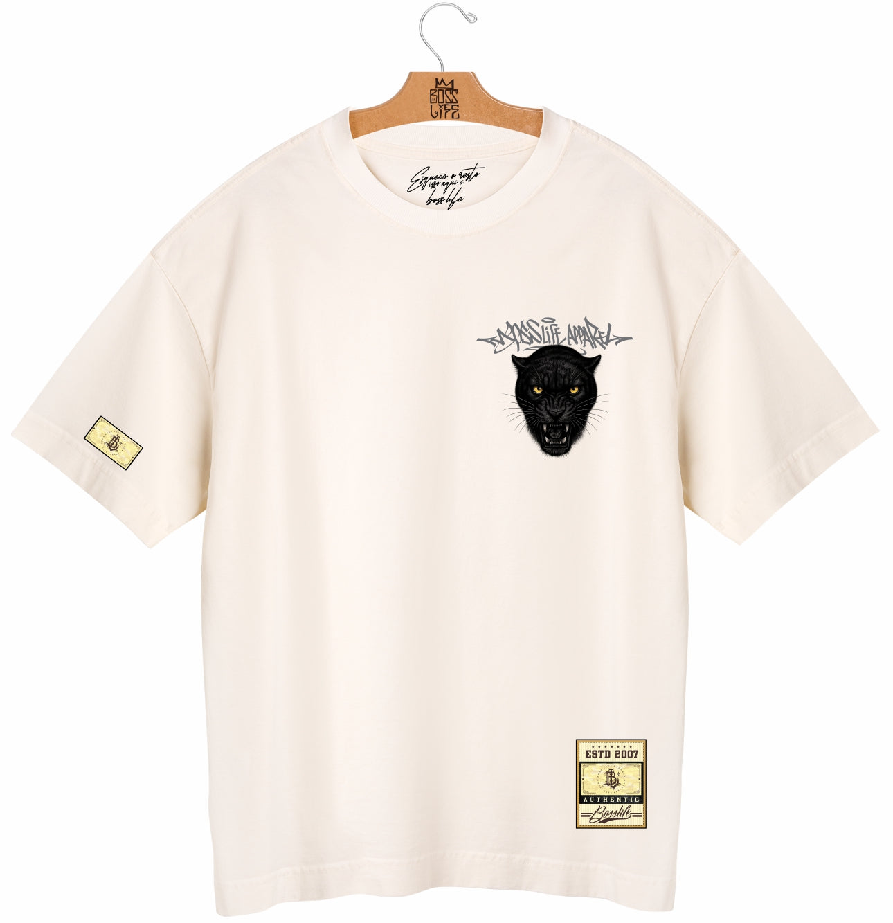 Camiseta Oversized Boss Life Black Panther Frente e Costas - Off White Frente
