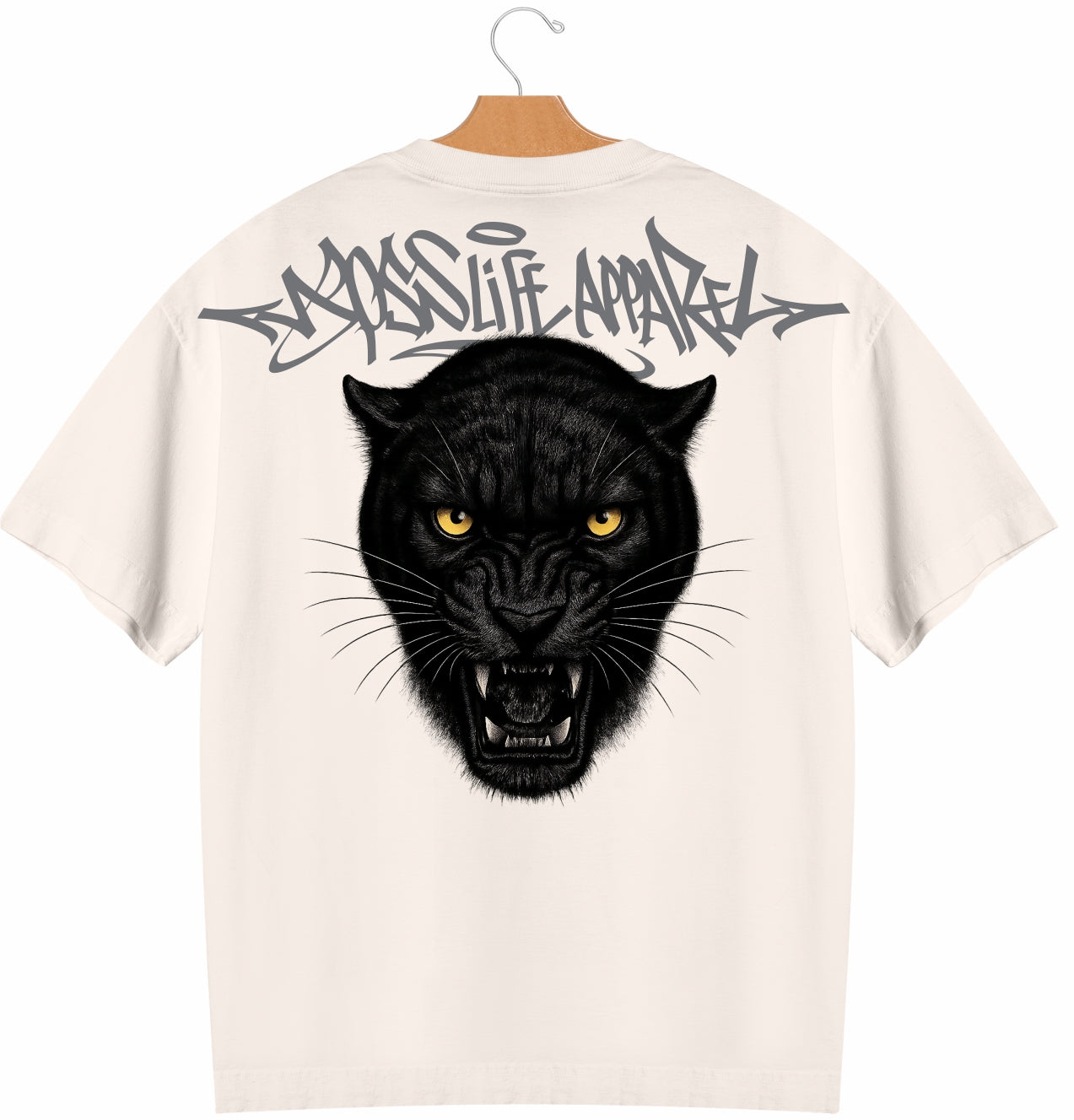 Camiseta Oversized Boss Life Black Panther Frente e Costas - Off White Costas