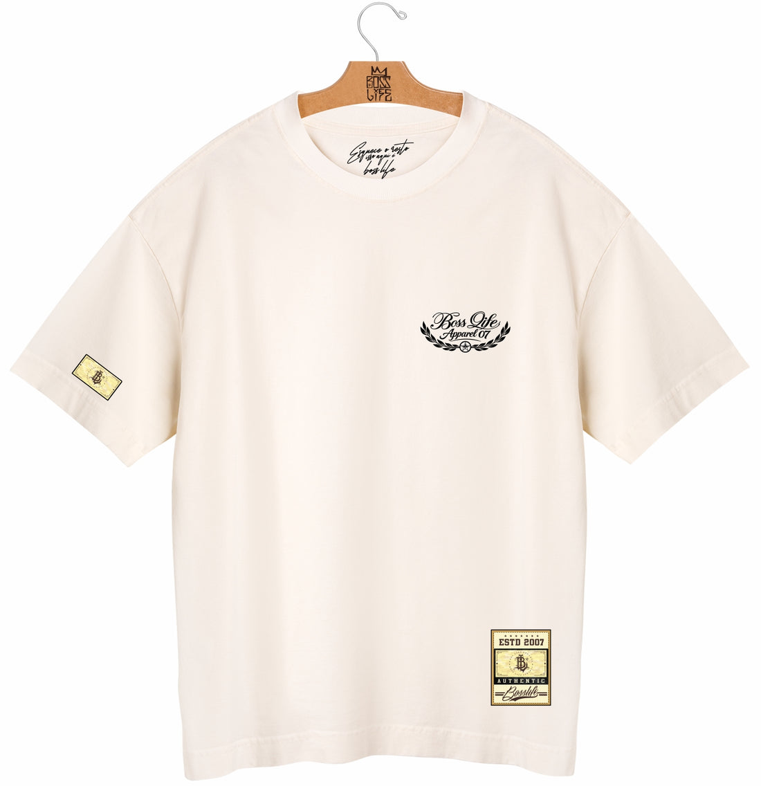 Camiseta Oversized Boss Life Black Jaguar Frente e Costas - Off White Frente