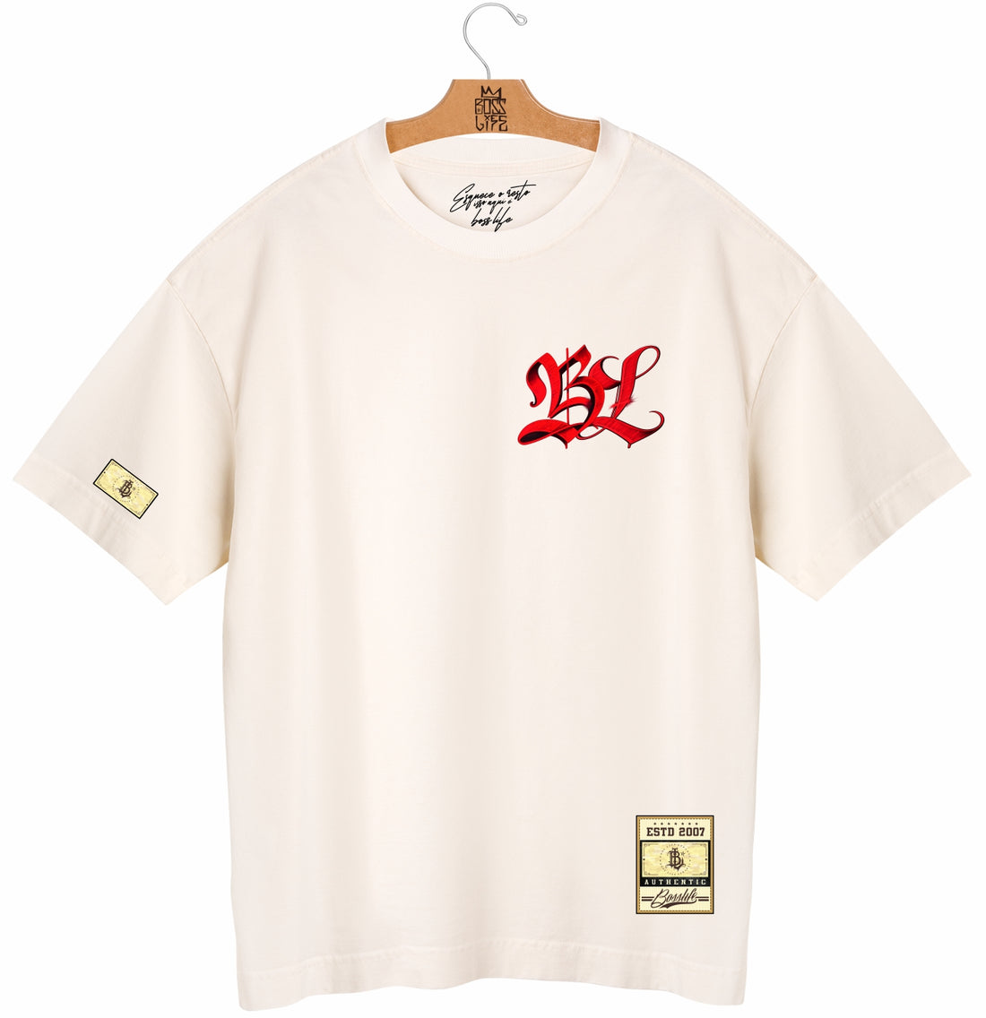Camiseta Oversized Boss Life Freedom and Independence Frente e Costas - Off White Frente