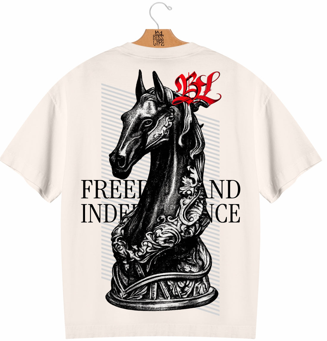 Camiseta Oversized Boss Life Freedom and Independence Frente e Costas - Off White Frente