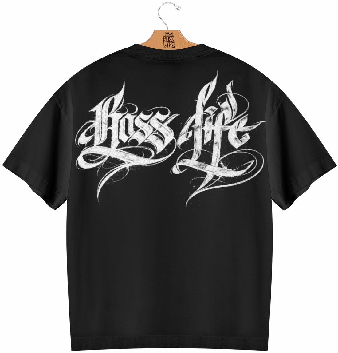 Camiseta Oversized Boss Life Caligrafia Frente e Costas - Preto Frente