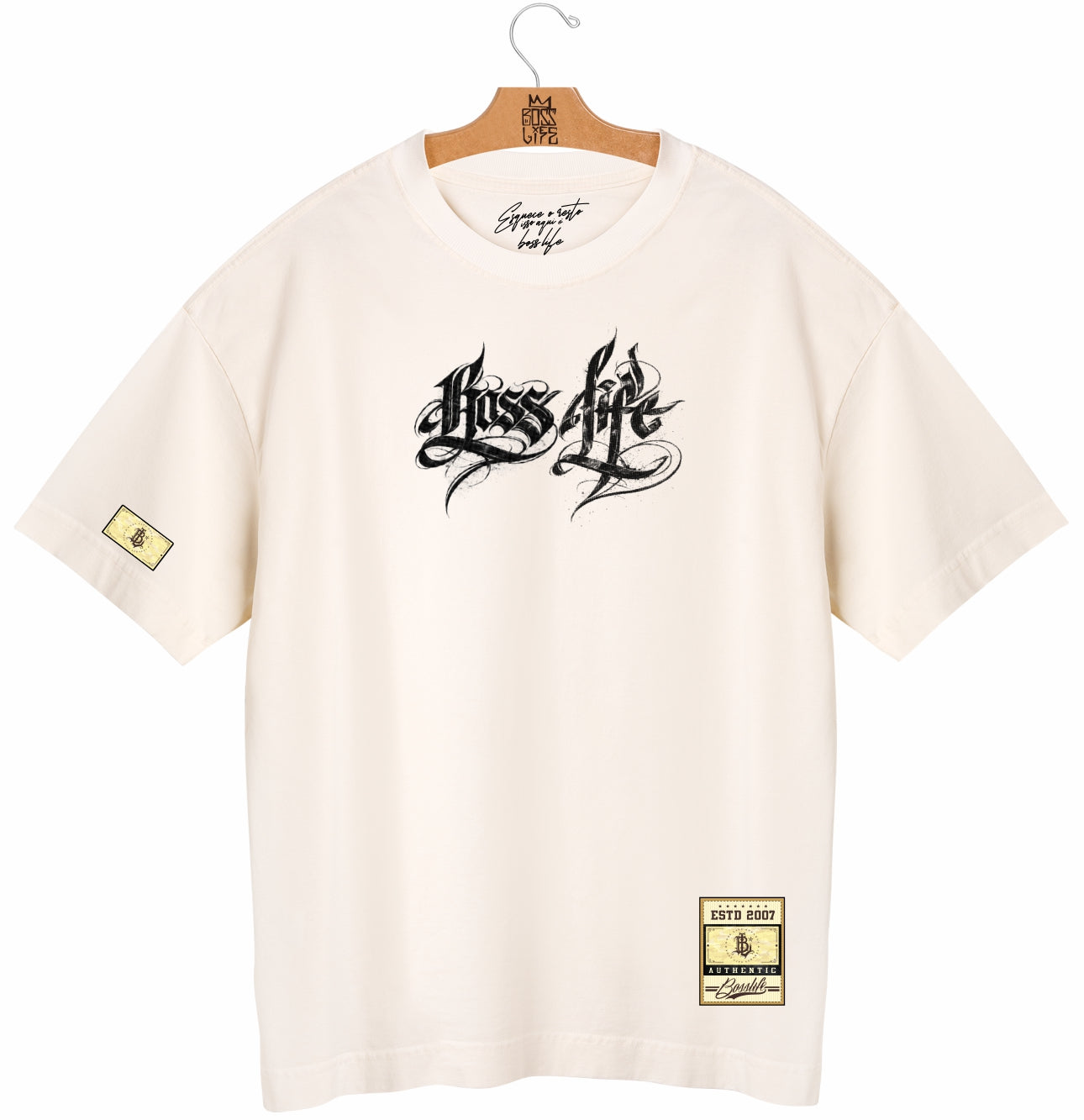 Camiseta Oversized Boss Life Caligrafia Frente e Costas - Off White Frente