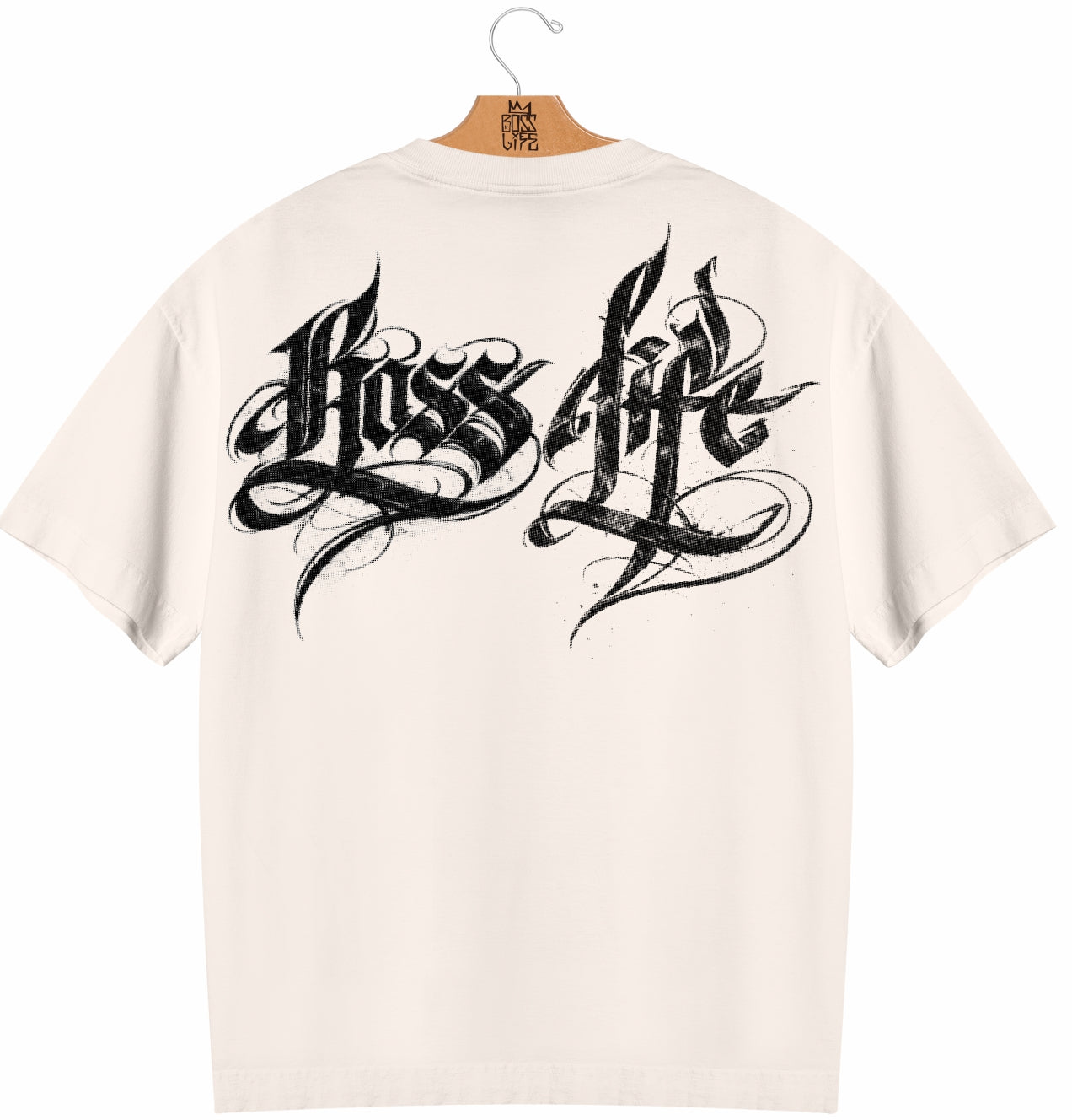 Camiseta Oversized Boss Life Caligrafia Frente e Costas - Off White Costas
