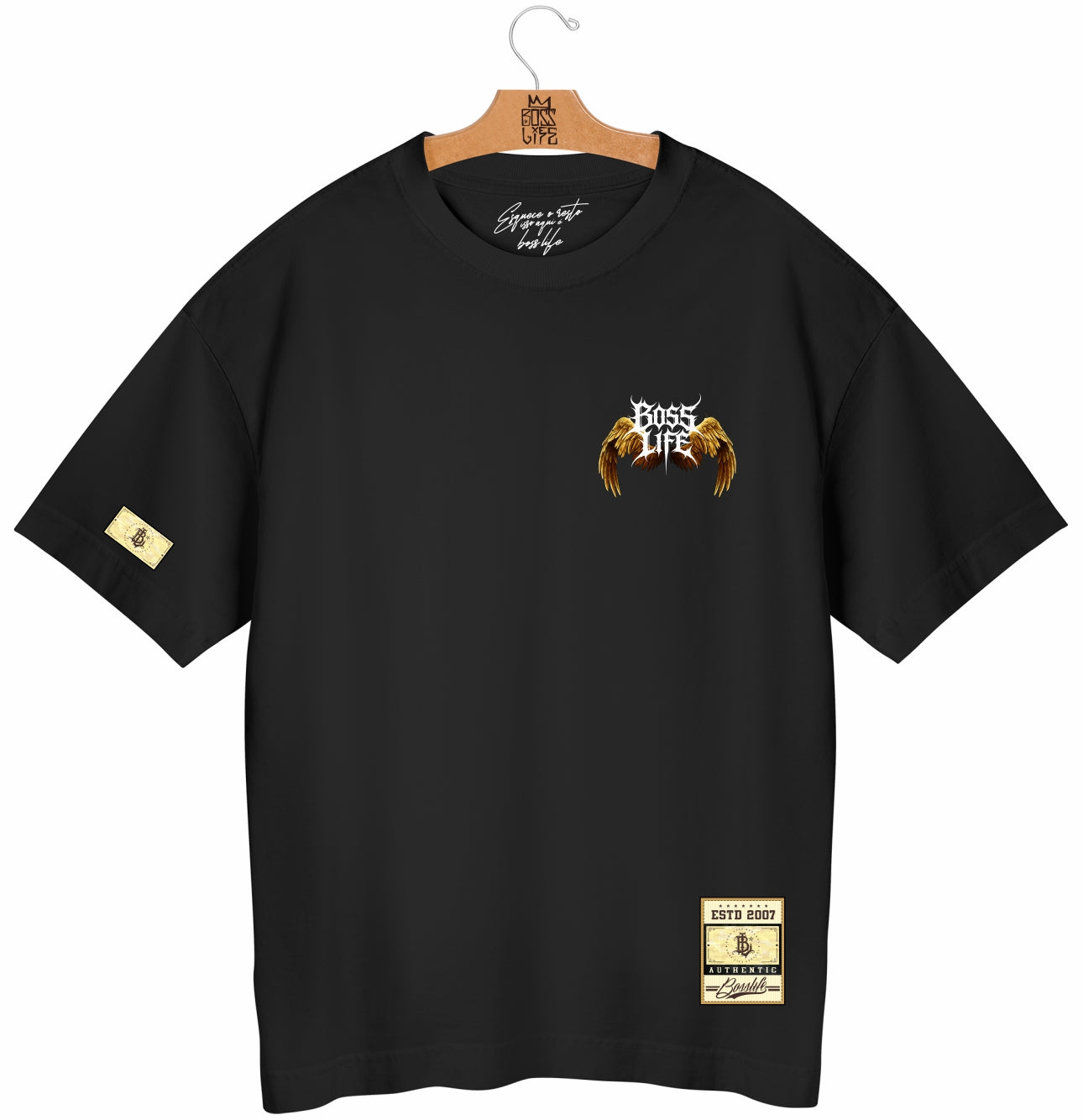 Camiseta Oversized Boss Life Archaeopteryx Frente e Costas - Preto Frente