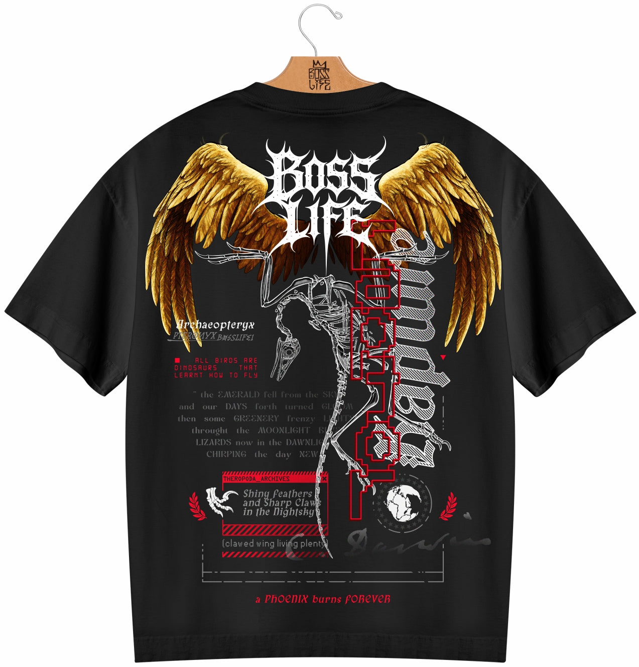 Camiseta Oversized Boss Life Archaeopteryx Frente e Costas - Preto Costas