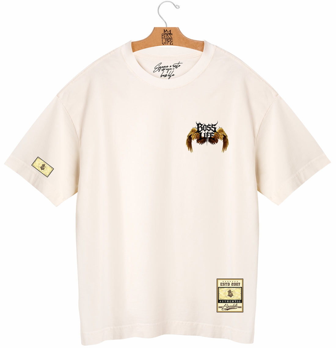Camiseta Oversized Boss Life Archaeopteryx Frente e Costas - Off White Frente