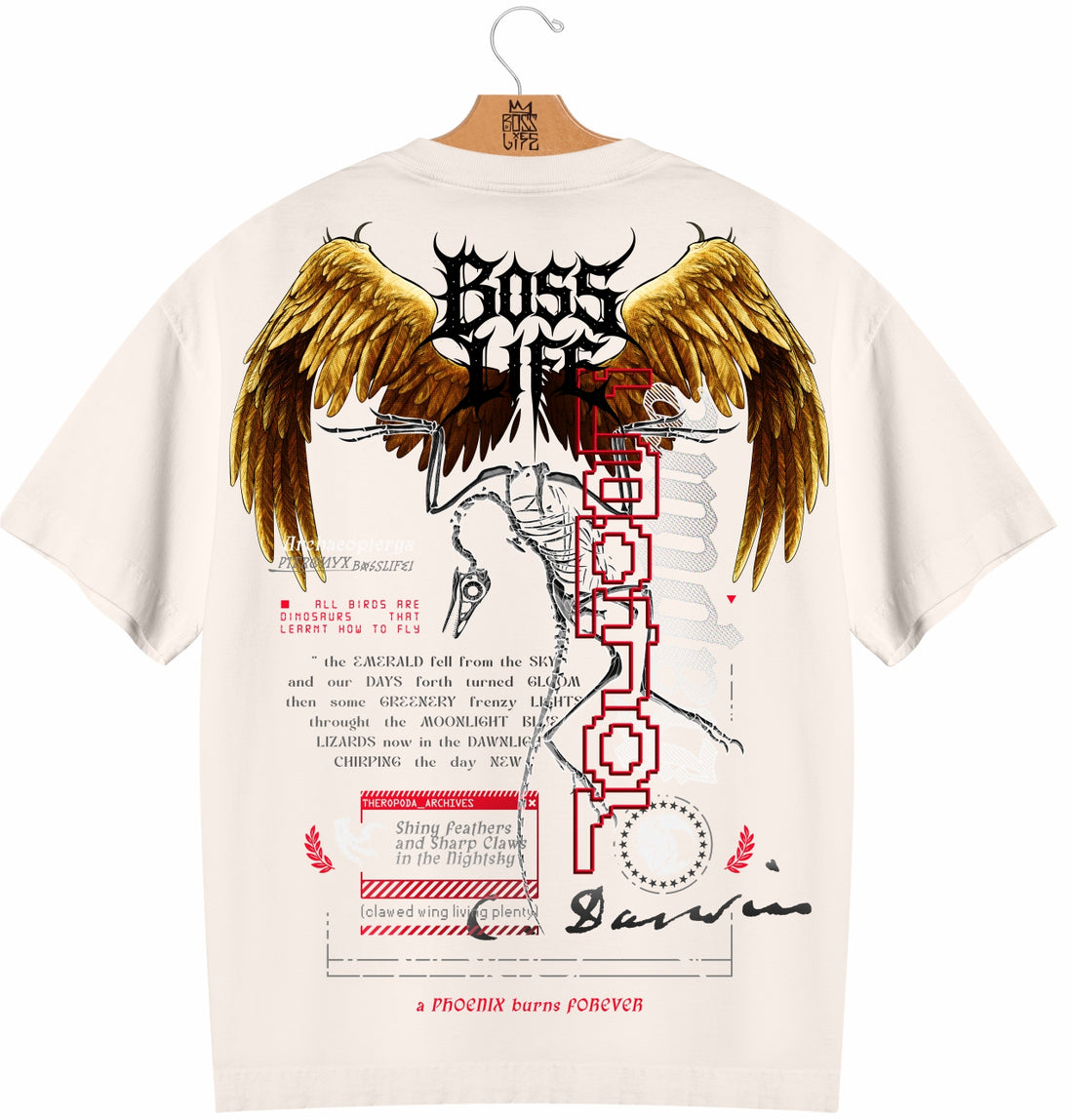 Camiseta Oversized Boss Life Archaeopteryx Frente e Costas - Off White Frente