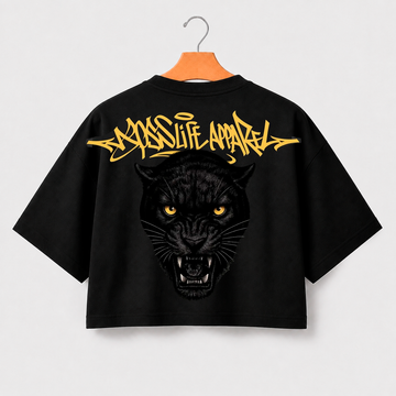 Camiseta cropped over feminina Black Panther Boss Life preta, costas