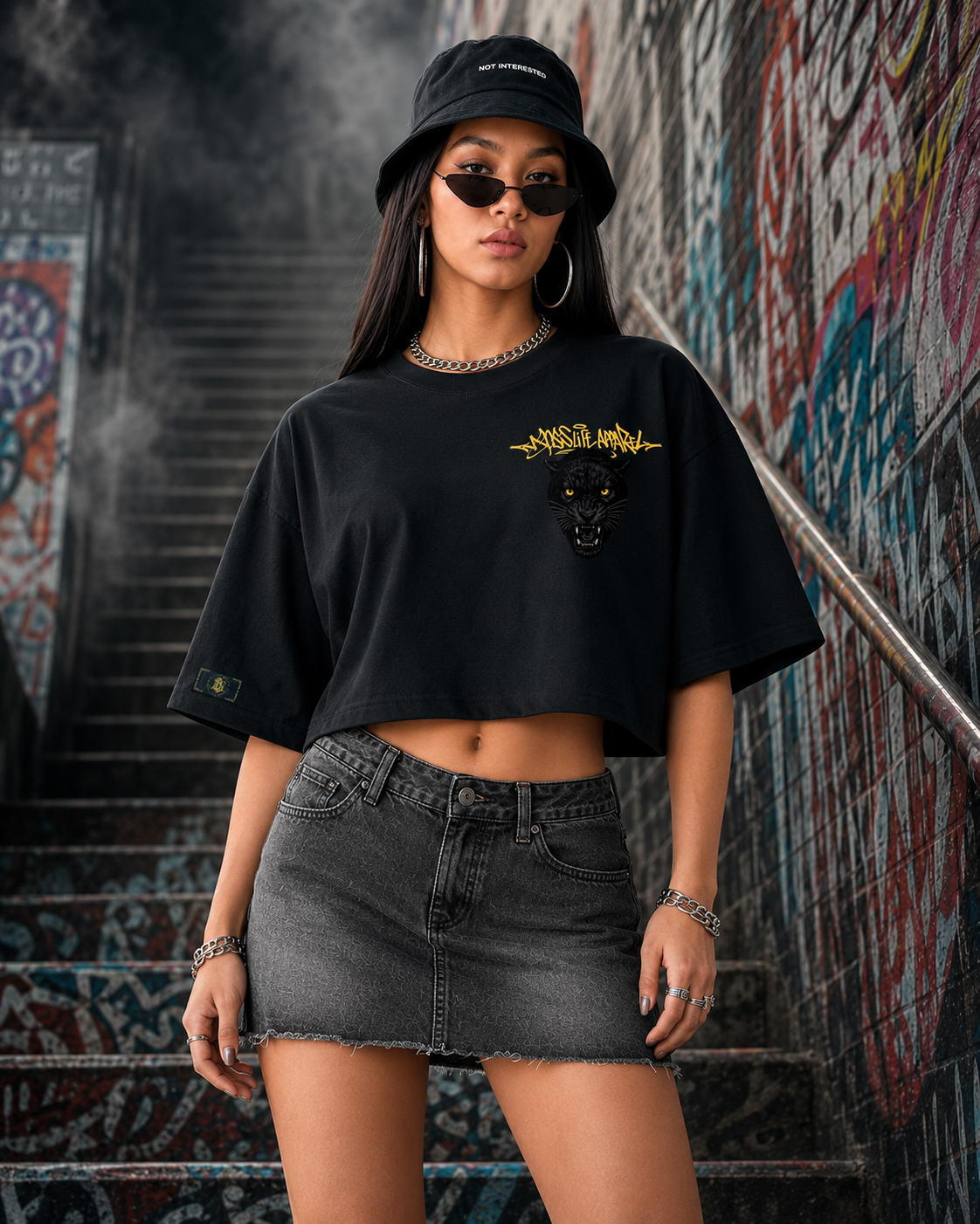 Camiseta cropped over feminina Black Panther Boss Life preta, detalhe da estampa na frente