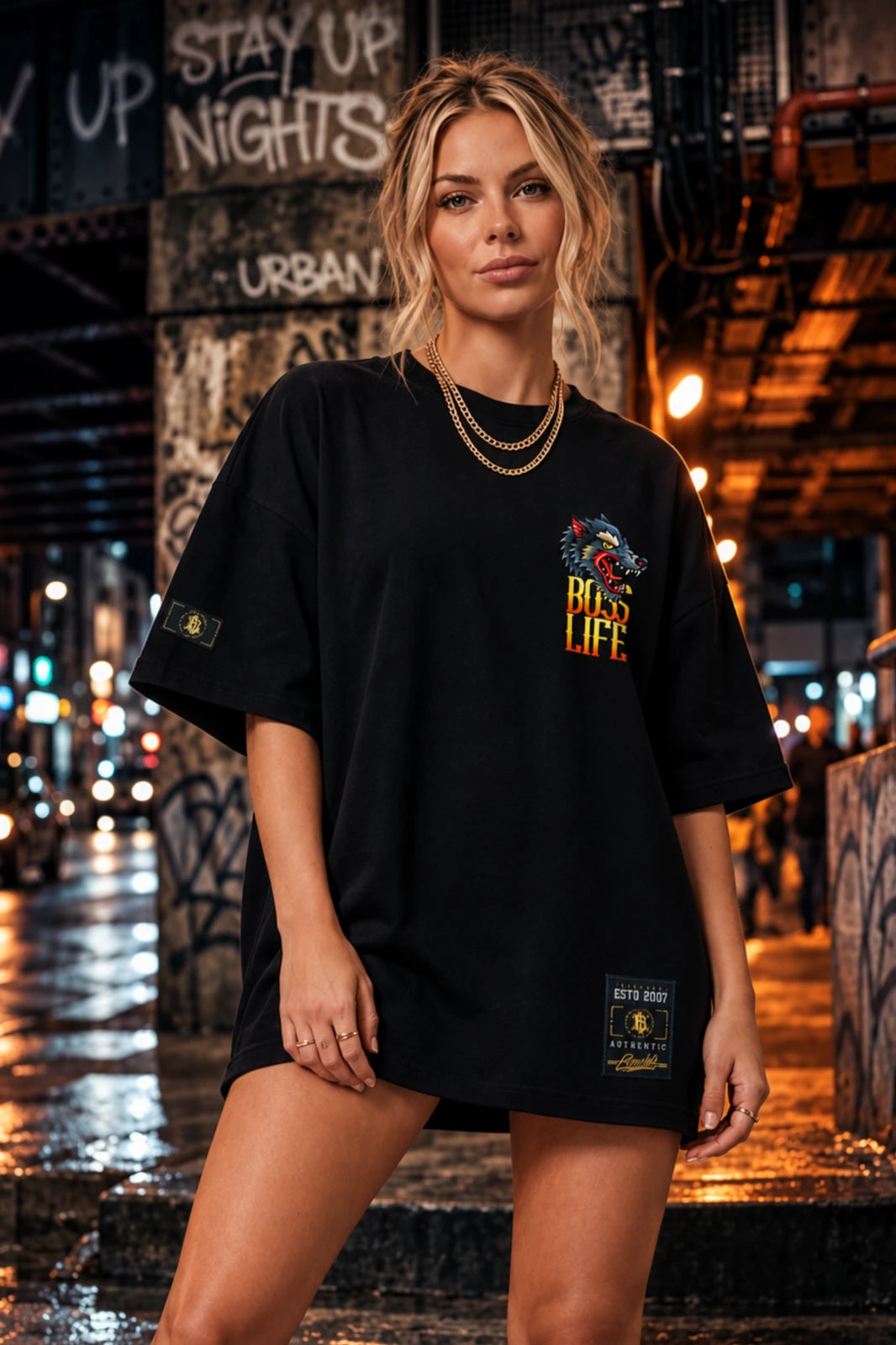 Camiseta oversized feminina Beware of the Wolf Boss Life preta - frente