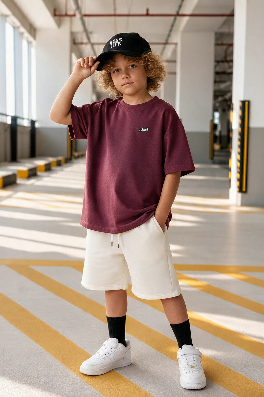 Camiseta Oversized Infantil Lisa Boss Life bordô - frente com patch Boss Life no peito