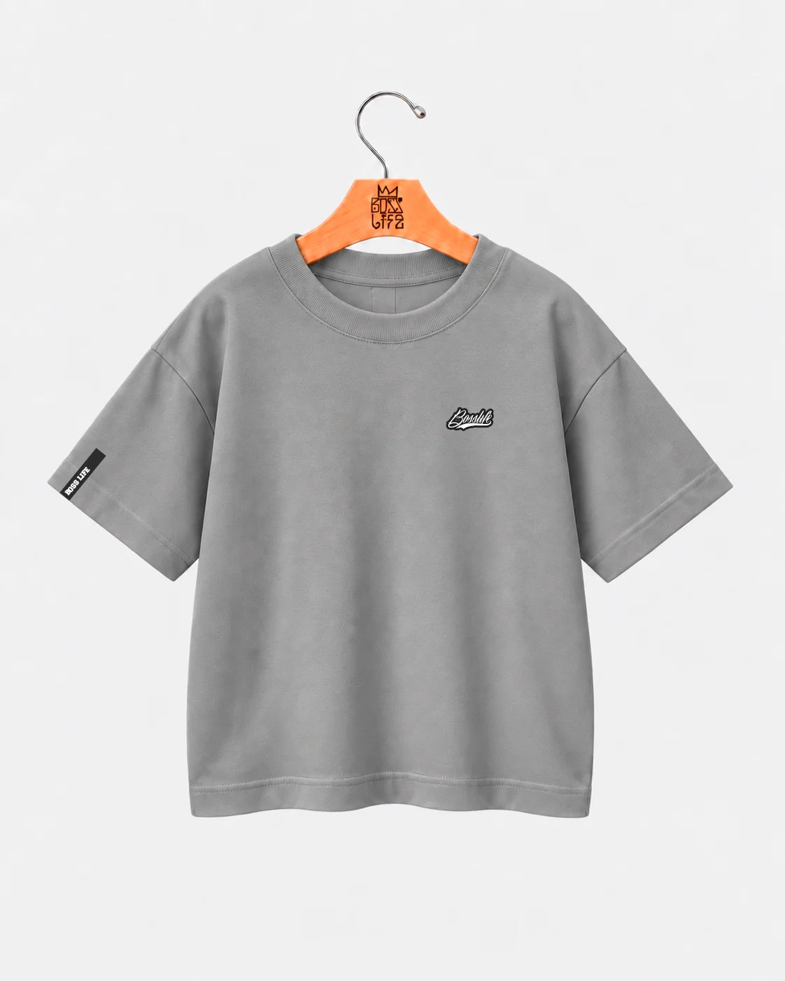 Camiseta Oversized Infantil Lisa Boss Life cinza - no cabide