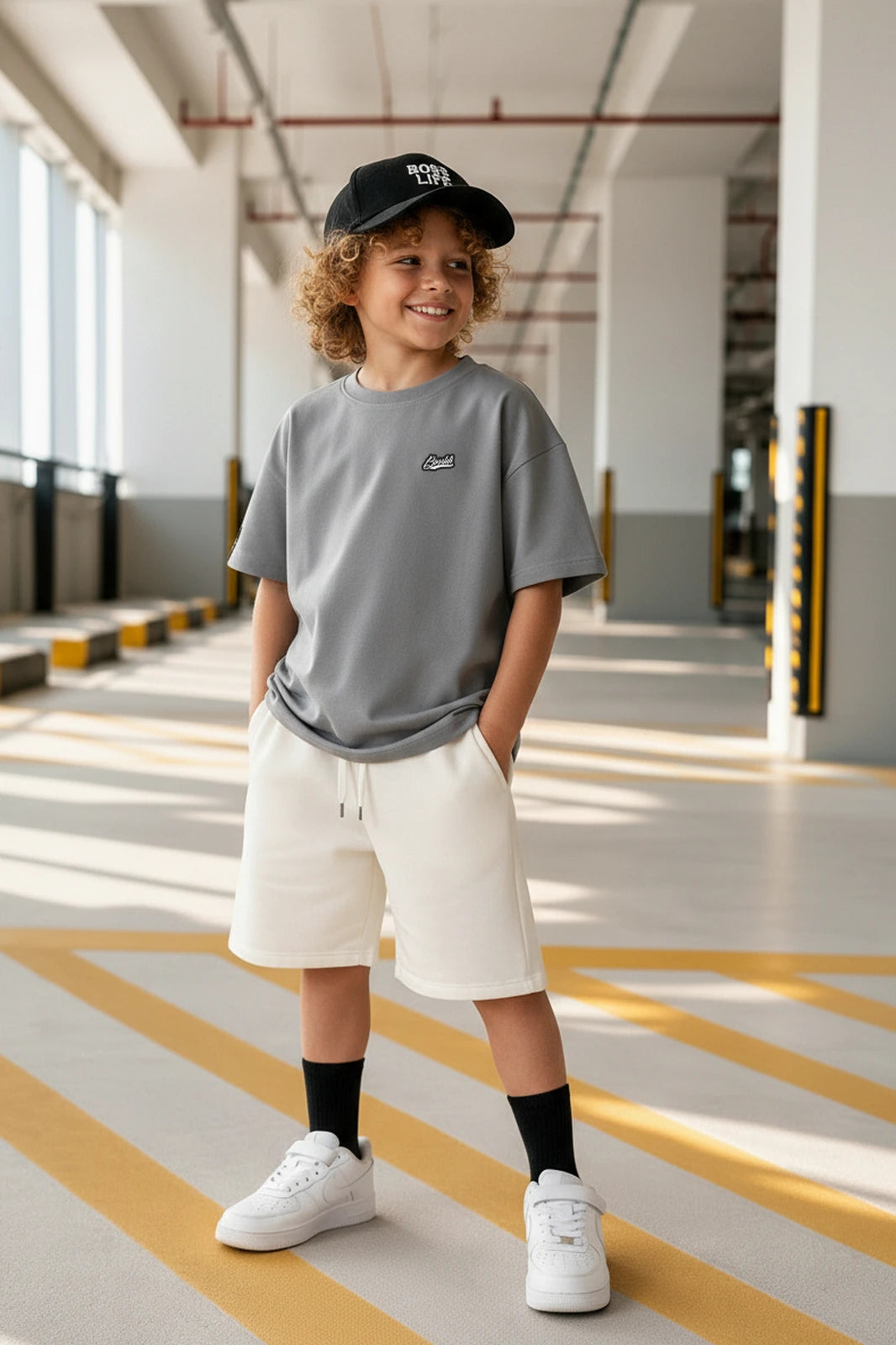Camiseta Oversized Infantil Lisa Boss Life cinza - frente com patch Boss Life no peito
